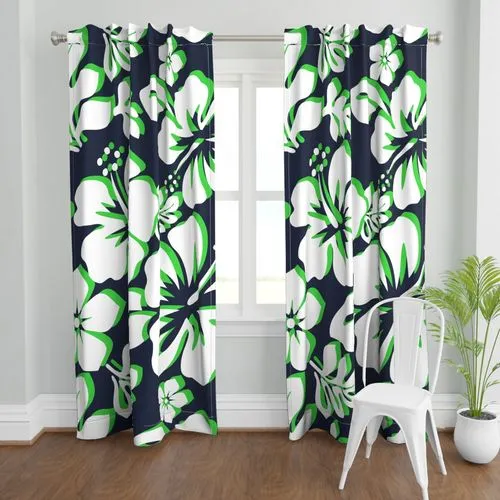 Navy Blue, Lime Green and White Hibiscus and Hawaiian Flowers Duvet Cover -Large Scale