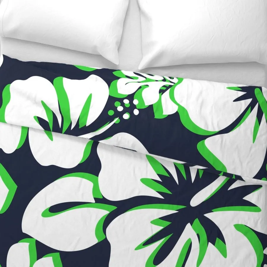 Navy Blue, Lime Green and White Hibiscus and Hawaiian Flowers Duvet Cover -Large Scale