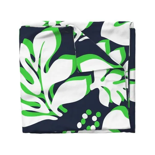 Navy Blue, Lime Green and White Hibiscus and Hawaiian Flowers Duvet Cover -Large Scale