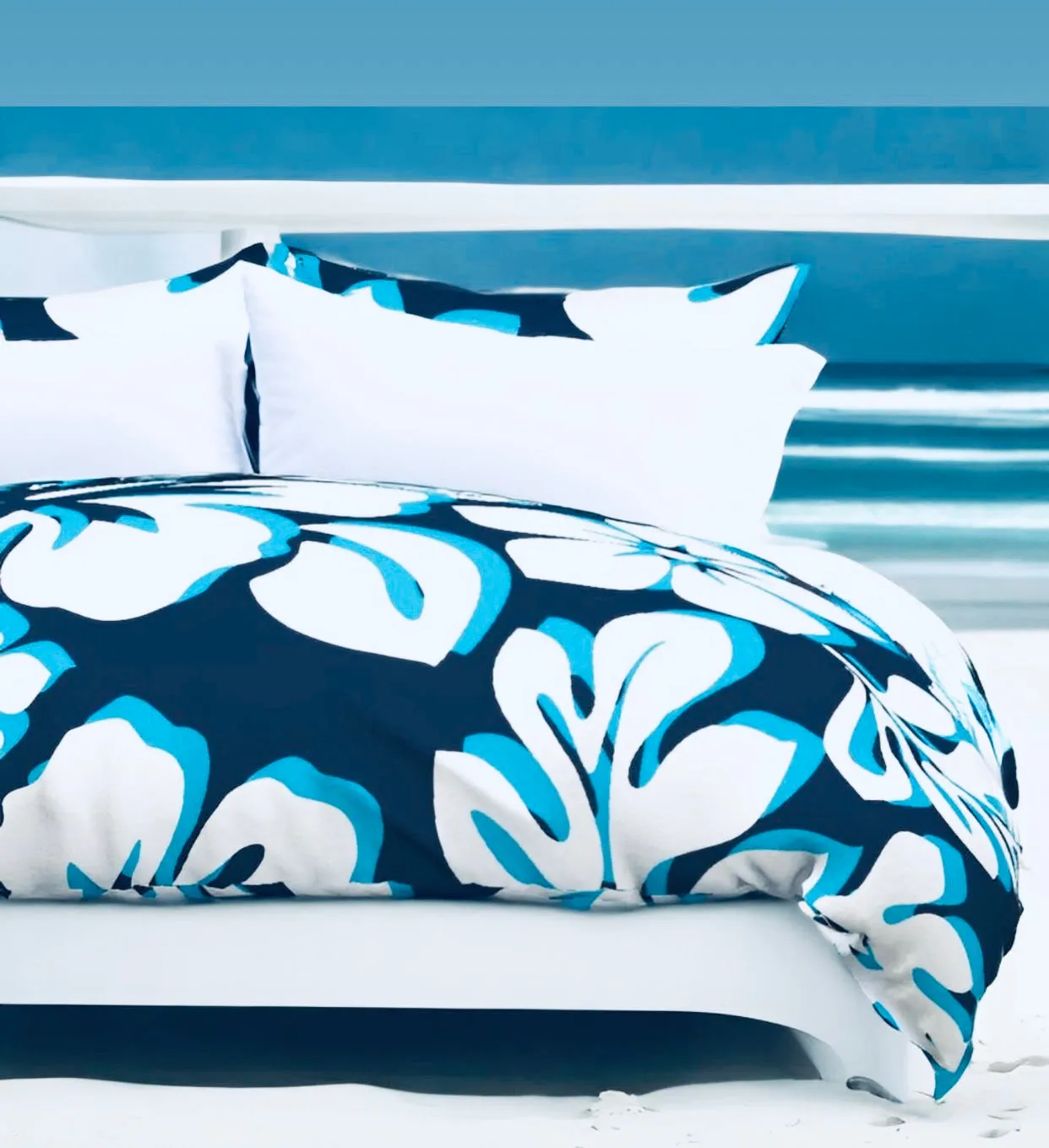 Navy Blue, White and Aqua Ocean Blue Hibiscus and Hawaiian Flowers Duvet Cover - Large Scale