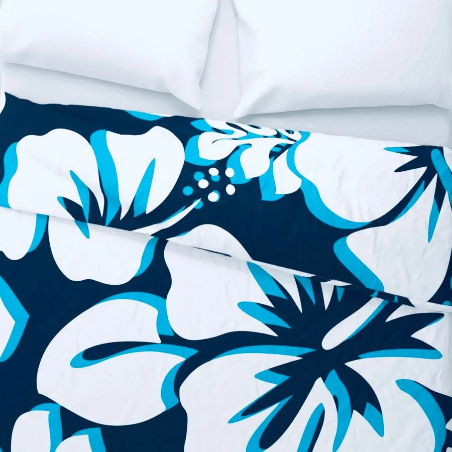 Navy Blue, White and Aqua Ocean Blue Hibiscus and Hawaiian Flowers Duvet Cover - Large Scale