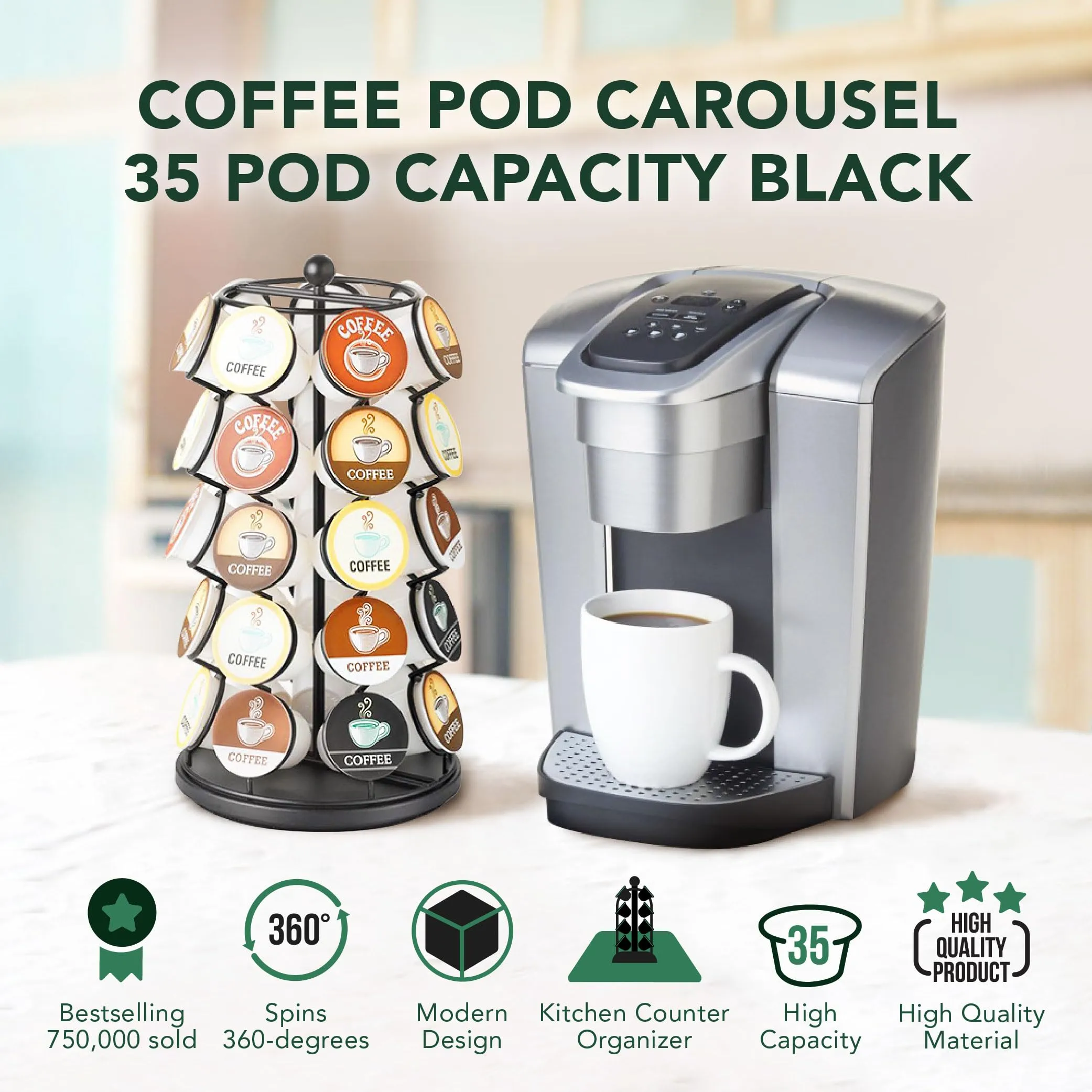 Nifty K Cup Holder – Compatible with K-Cups, Coffee Pod Carousel | 35 K Cup Holder, Spins 360-Degrees, Lazy Susan Platform, Modern Black Design, Home or Office Kitchen Counter Organizer