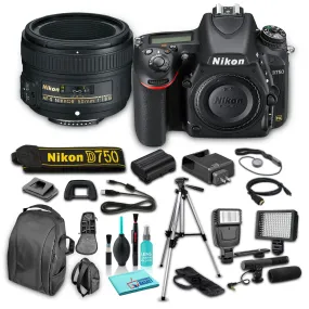 Nikon D750 DSLR Camera (Body Only), 24.3MP FX-Format CMOS Sensor, AF-S NIKKOR 50mm f/1.8G Lens Bundle with 8 Piece Accessories