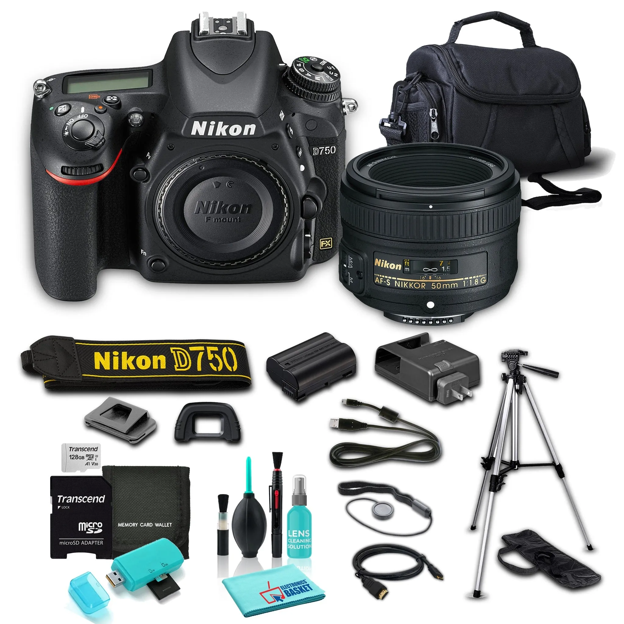 Nikon D750 DSLR Camera (Body Only), AF-S NIKKOR 50mm f/1.8G Lens Bundle with 8 Piece Accessories