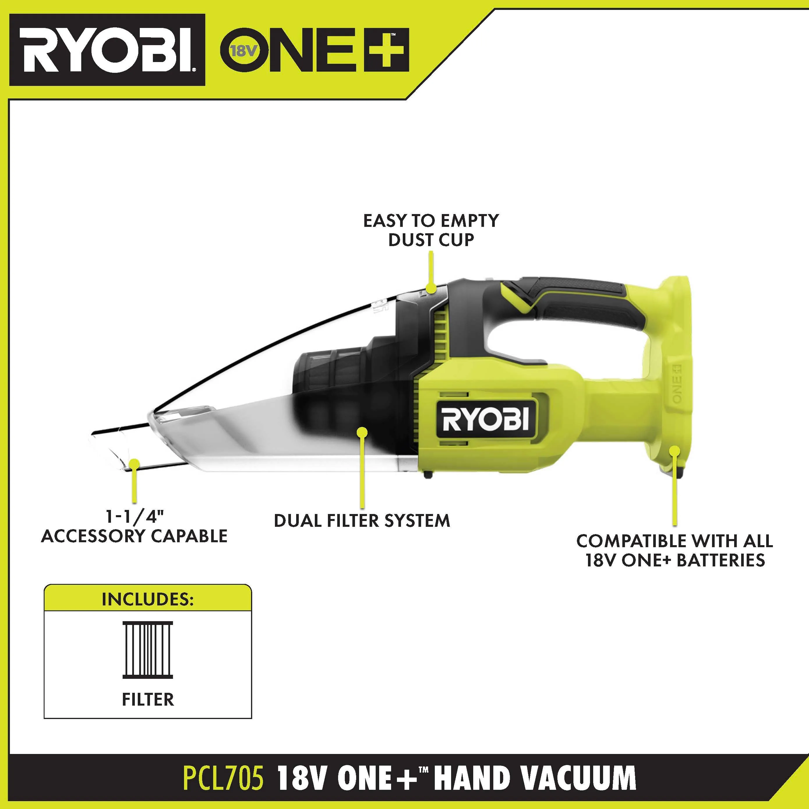 Open Box -  RYOBI ONE  18V Cordless Multi-Surface Handheld Vacuum Kit with 2.0 Ah Battery and Charger