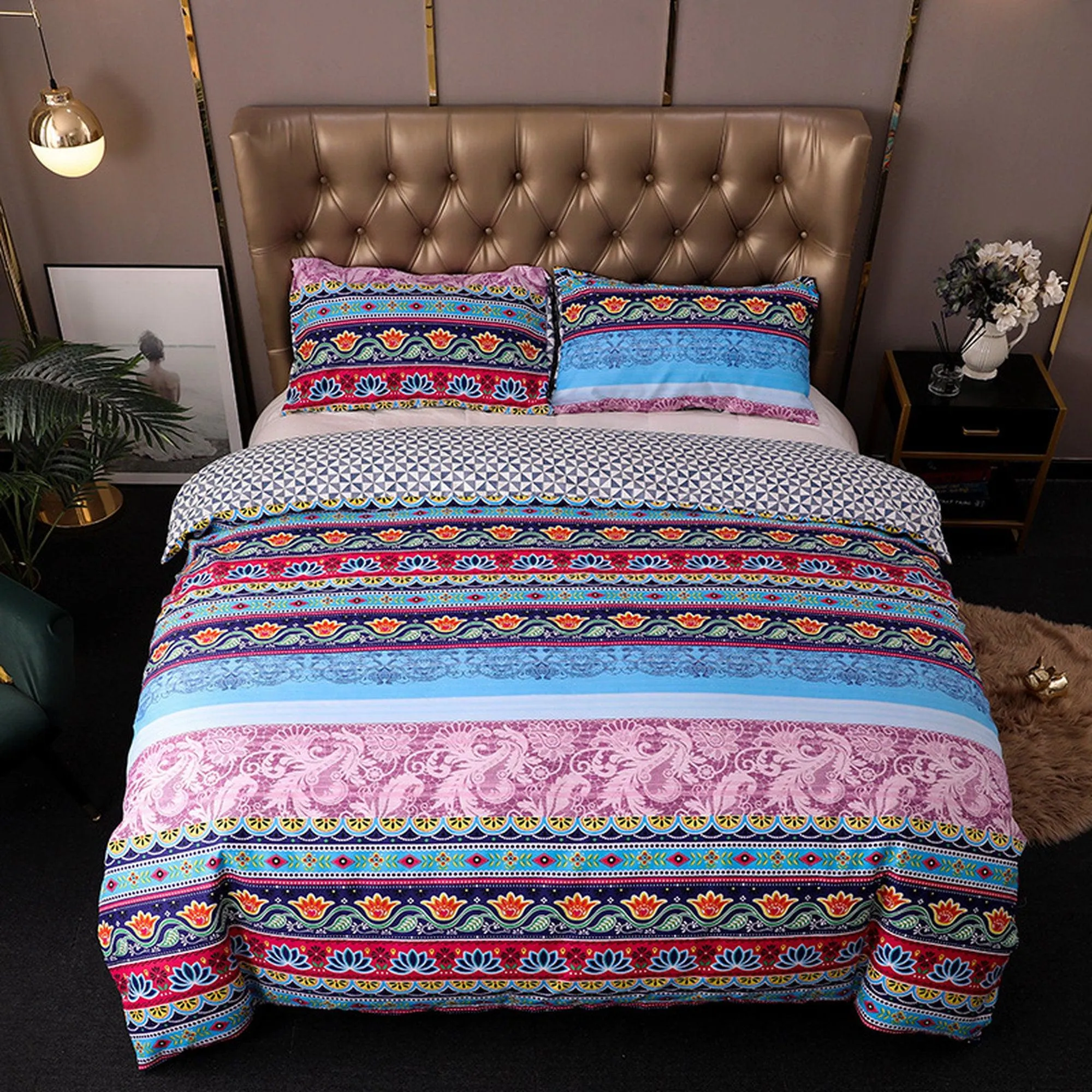 Pink Bohemian Blue Duvet Cover Set Boho Bedding, Hippie Dorm Bedding with Pillowcase