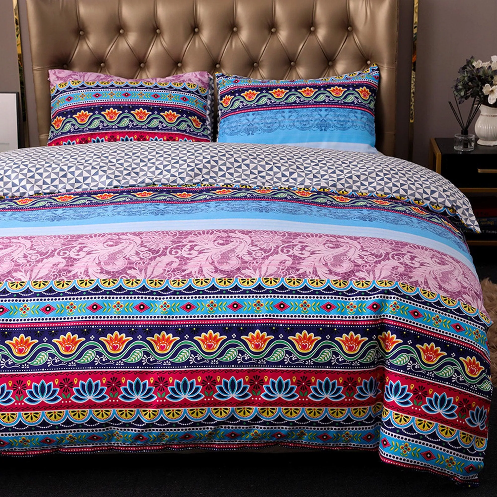 Pink Bohemian Blue Duvet Cover Set Boho Bedding, Hippie Dorm Bedding with Pillowcase