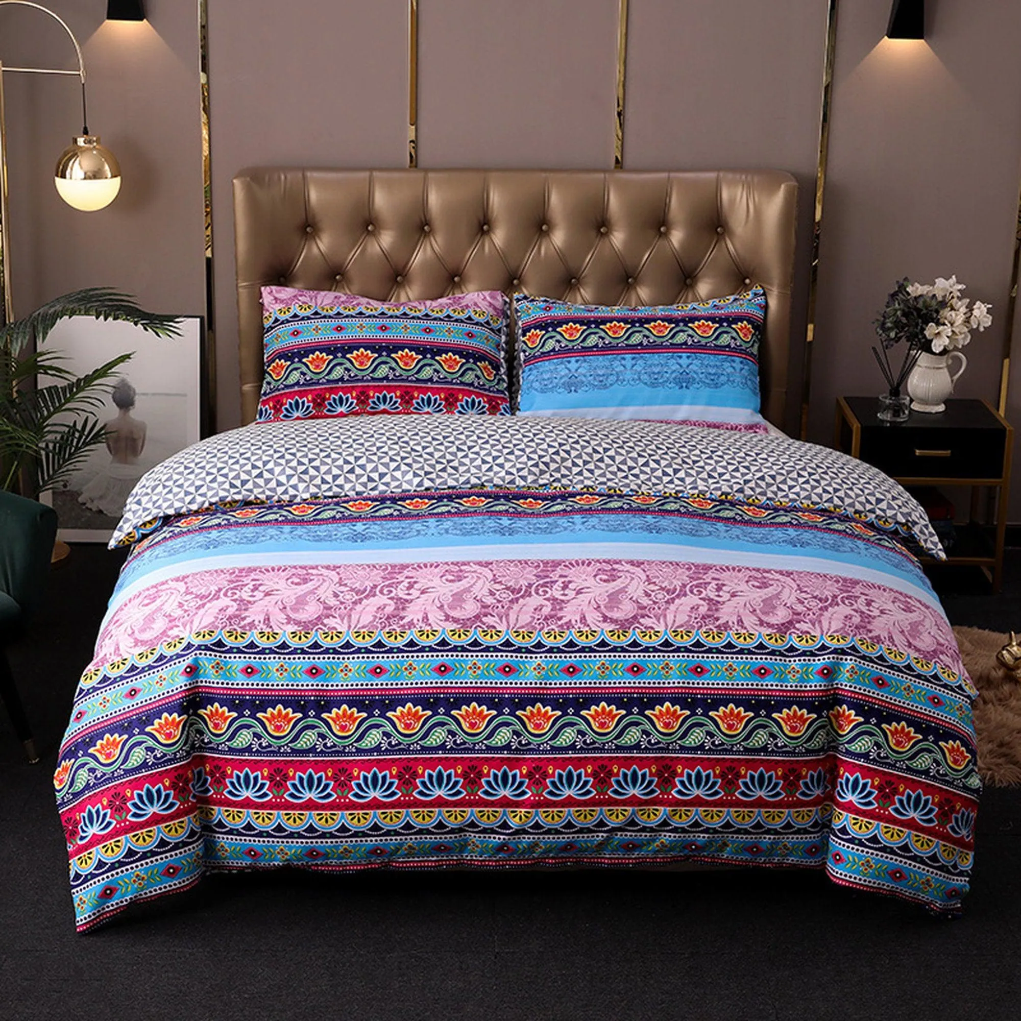 Pink Bohemian Blue Duvet Cover Set Boho Bedding, Hippie Dorm Bedding with Pillowcase