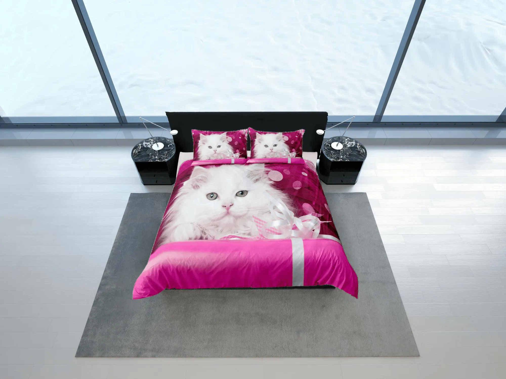 Pink Duvet Cover Set Cute White Cat Bedspread, Animal Dorm Bedding with Pillowcase