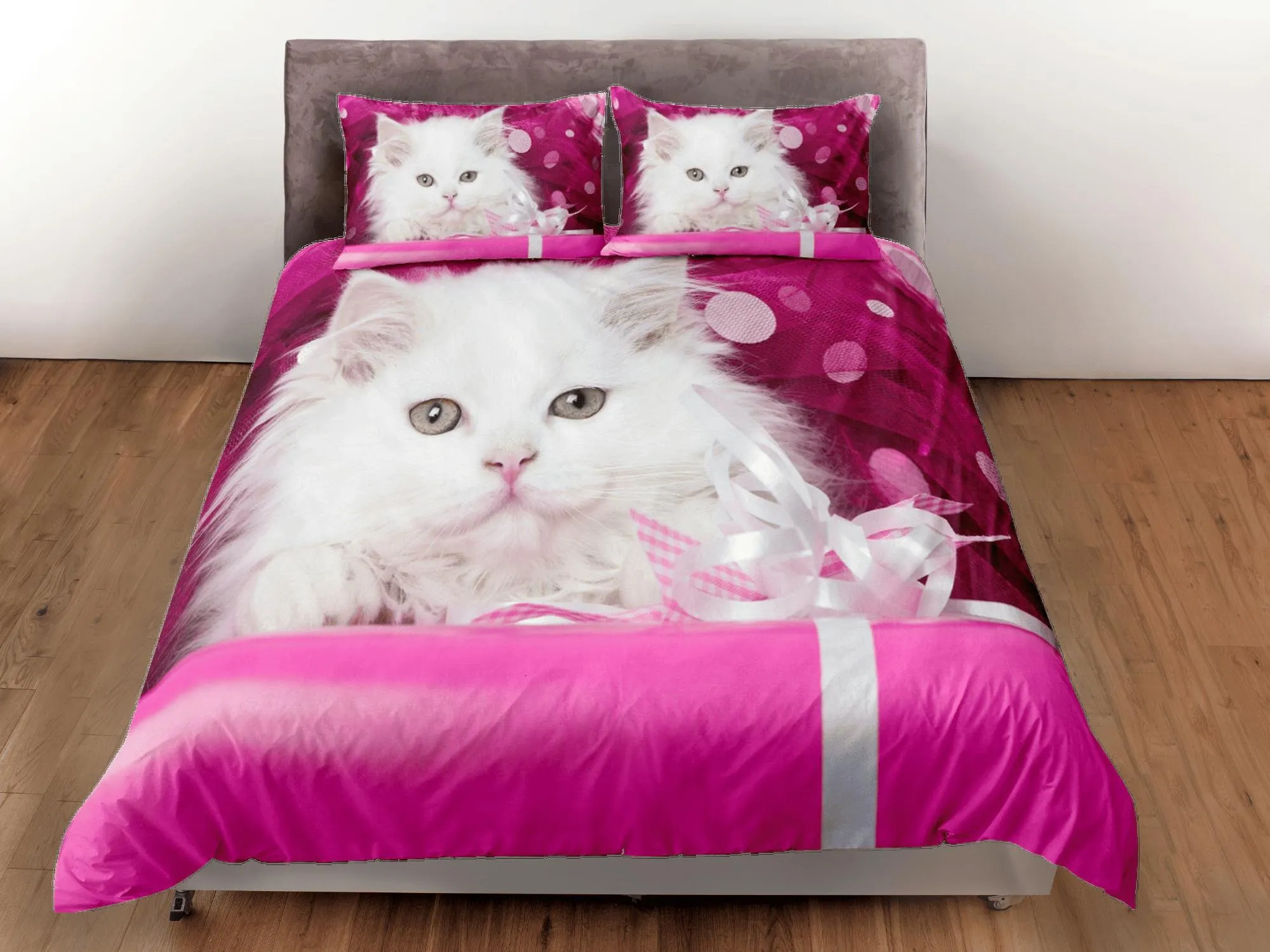 Pink Duvet Cover Set Cute White Cat Bedspread, Animal Dorm Bedding with Pillowcase