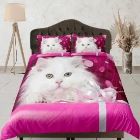 Pink Duvet Cover Set Cute White Cat Bedspread, Animal Dorm Bedding with Pillowcase