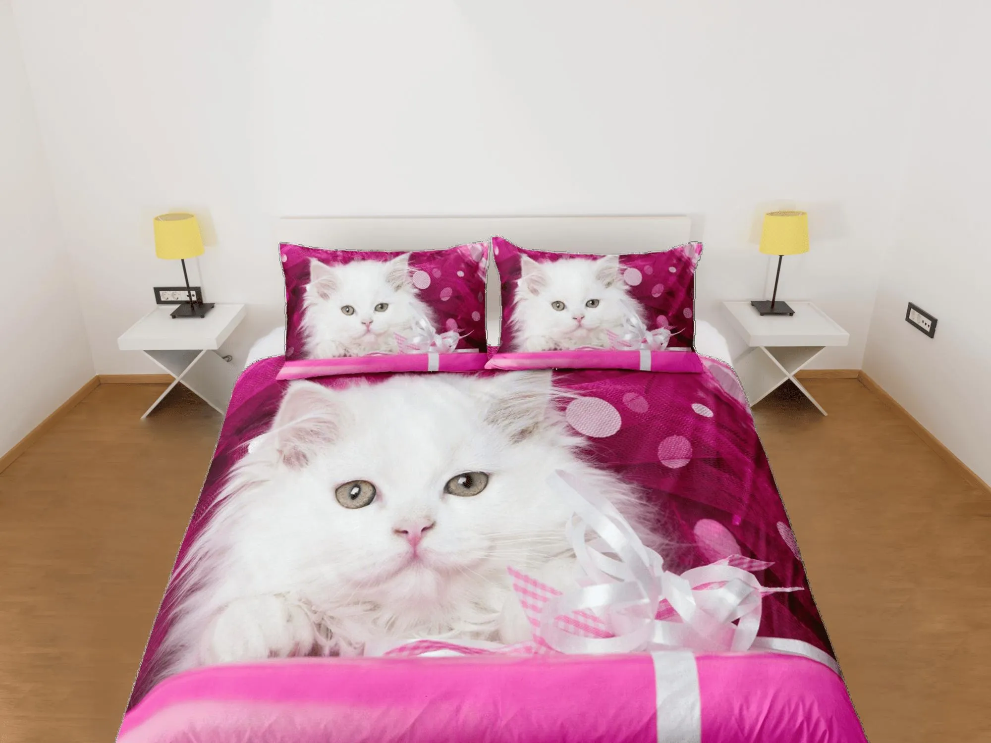 Pink Duvet Cover Set Cute White Cat Bedspread, Animal Dorm Bedding with Pillowcase