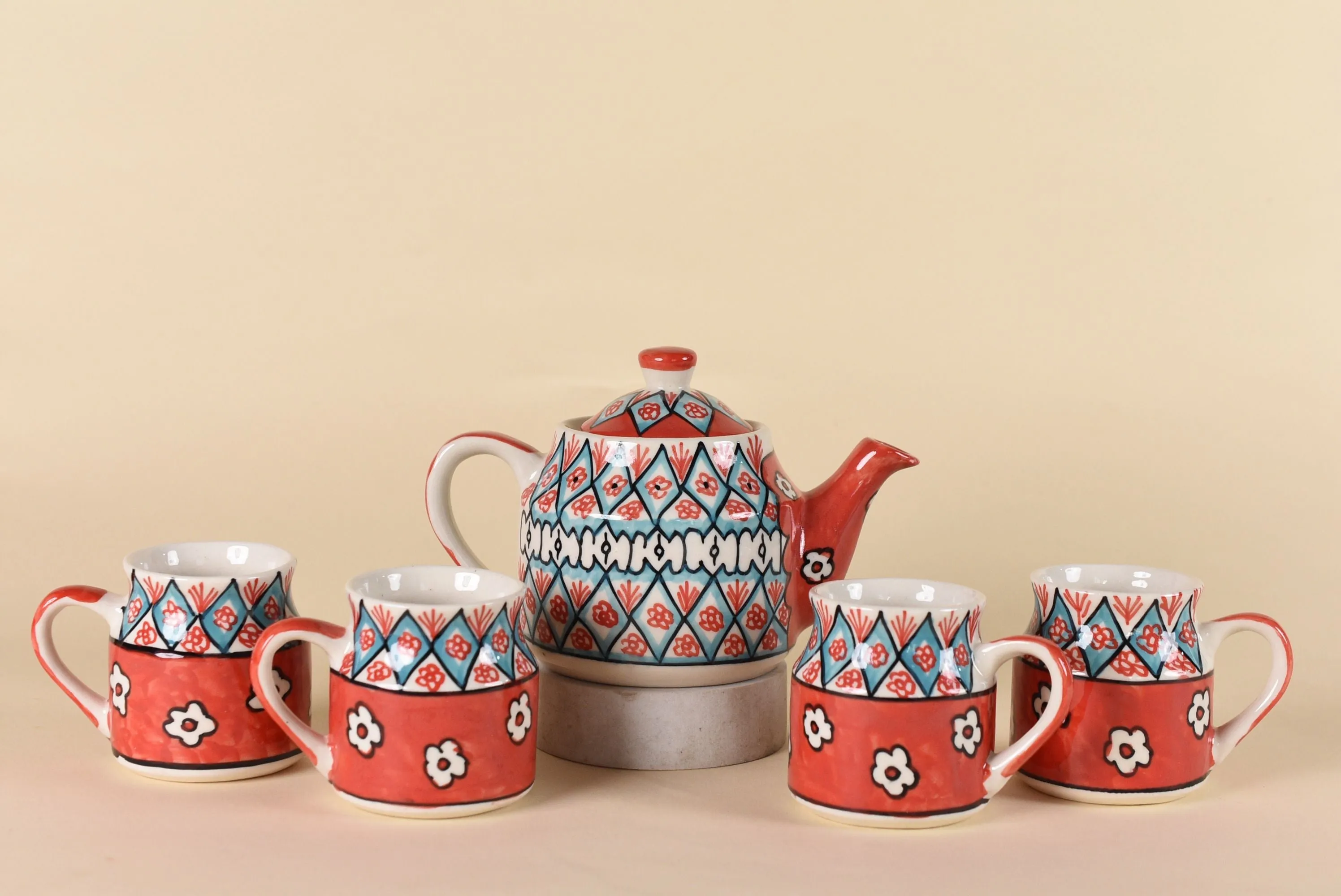 RED TEA CUP & KETTLE MORNING SET - SET OF 5