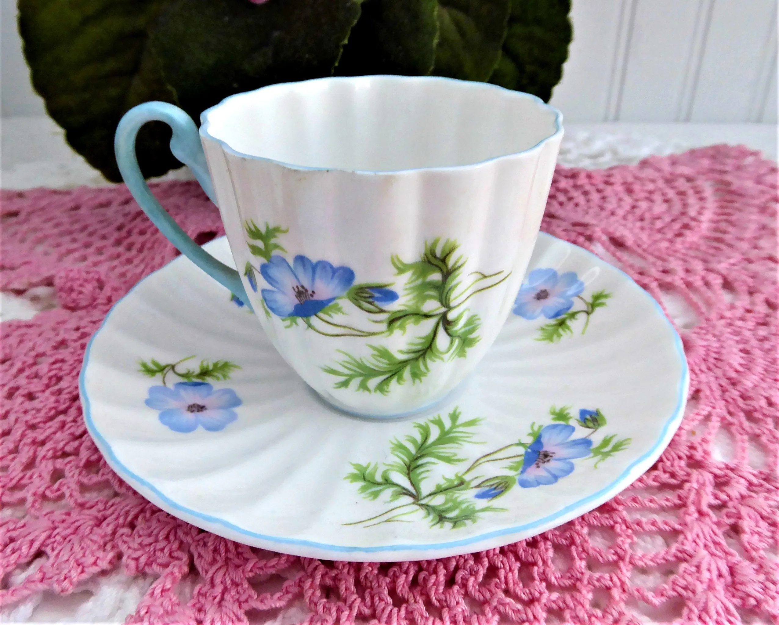 Shelley Blue Poppy Cup and Saucer Ludlow Coffee Demitasse 1960s