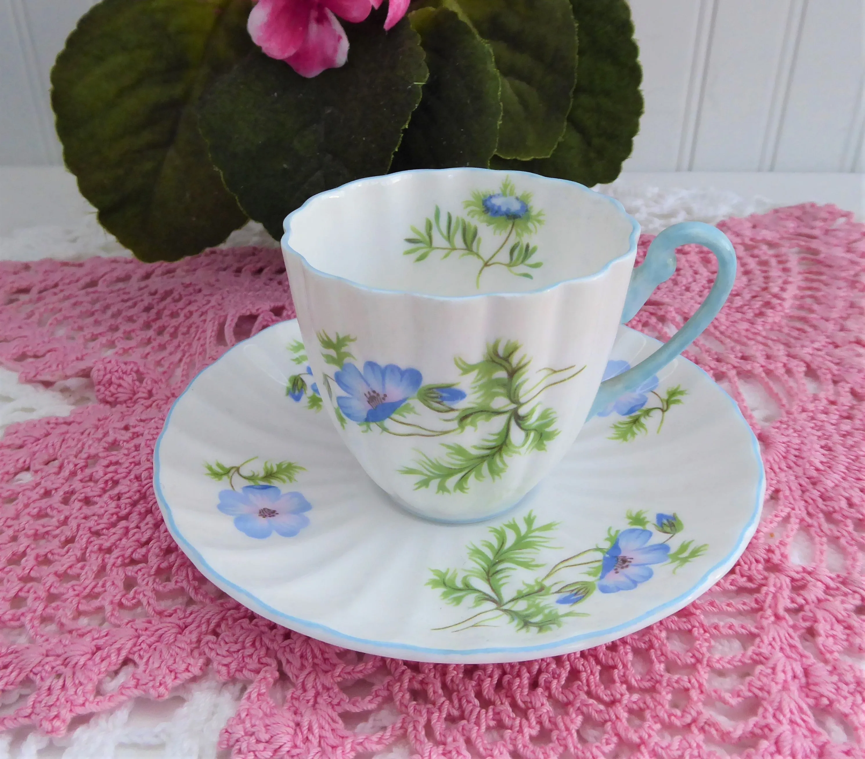 Shelley Blue Poppy Cup and Saucer Ludlow Coffee Demitasse 1960s