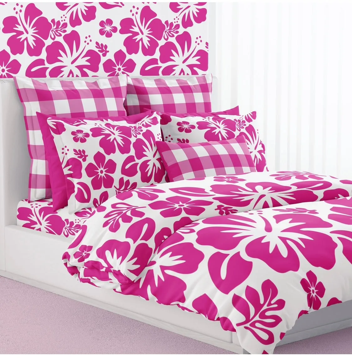 Surfer Girl Hot Pink Hawaiian Flowers on White Duvet Cover -Large Scale