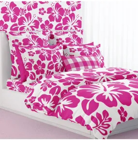 Surfer Girl Hot Pink Hawaiian Flowers on White Duvet Cover -Large Scale