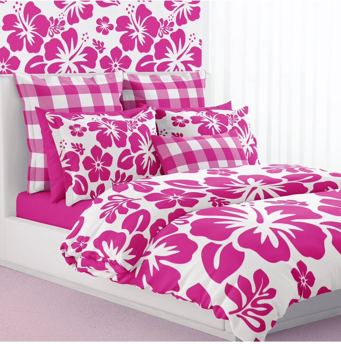 Surfer Girl Hot Pink Hawaiian Flowers on White Duvet Cover -Large Scale