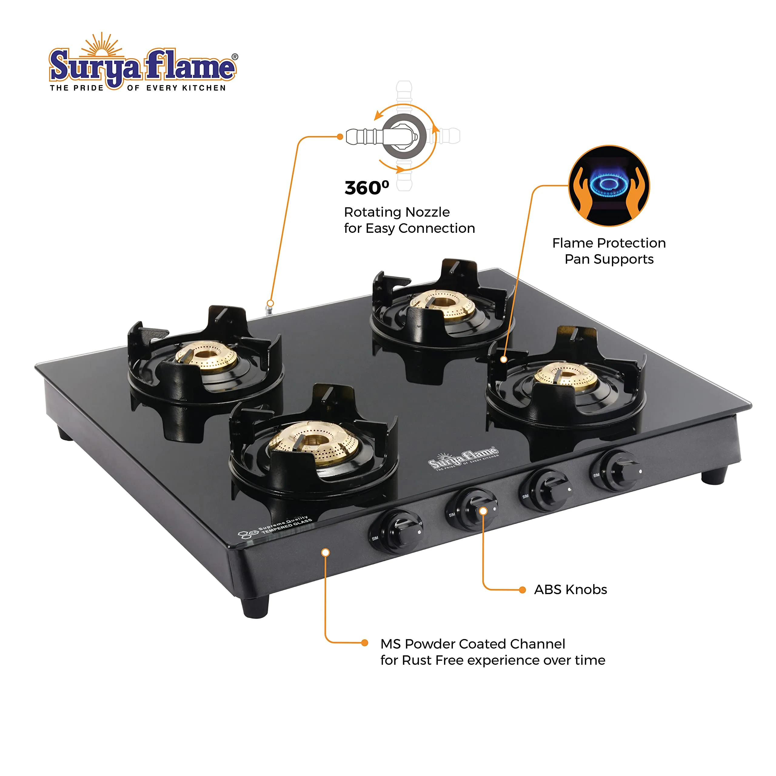 Surya Flame Black Beauty Gas Stove Glass Top | LPG Stove with Flame Protection Pan Support | Anti Skid Legs | 2 Years Complete Doorstep Warranty - Black (4 Burner, 2)