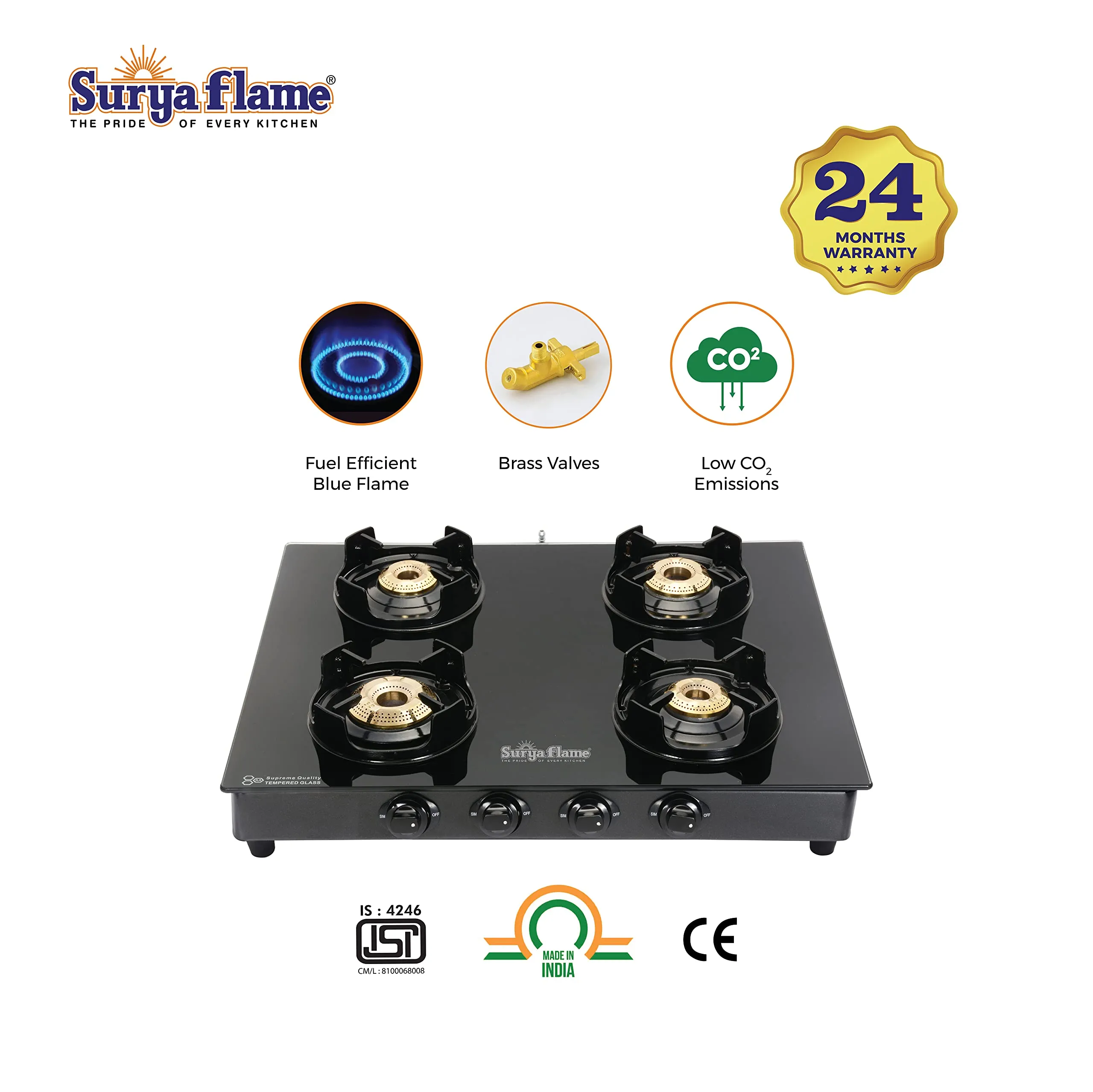 Surya Flame Black Beauty Gas Stove Glass Top | LPG Stove with Flame Protection Pan Support | Anti Skid Legs | 2 Years Complete Doorstep Warranty - Black (4 Burner, 2)