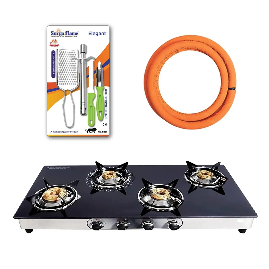 Surya Flame Supreme Gas Stove 4 Burners Glass Top LPG Stove | LPG Gas Dual Layer Rubber Hose Pipe 1.5M | Stainless Steel Elegant Gas Stove Lighter With Knife, Peeler Knife and Shredder (Pack of 4)