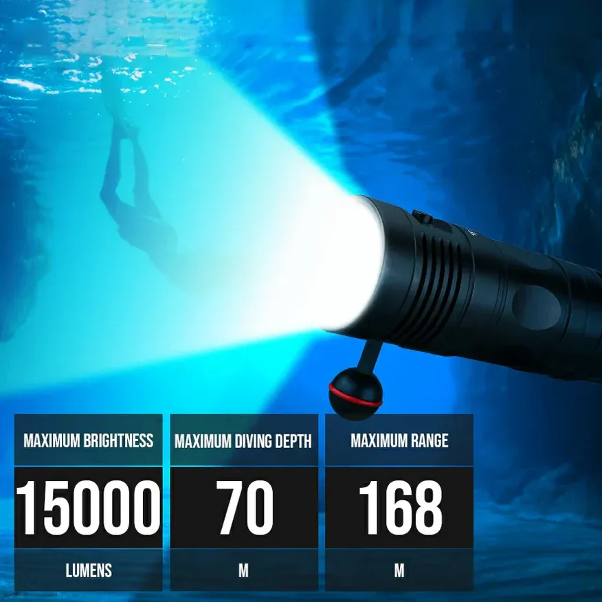 Trustfire DF90 Dive Light - 15000LM Bright Scuba Diving Flashlight, 70M Underwater Torch for Deep Sea Cave Diving and Underwater Photography