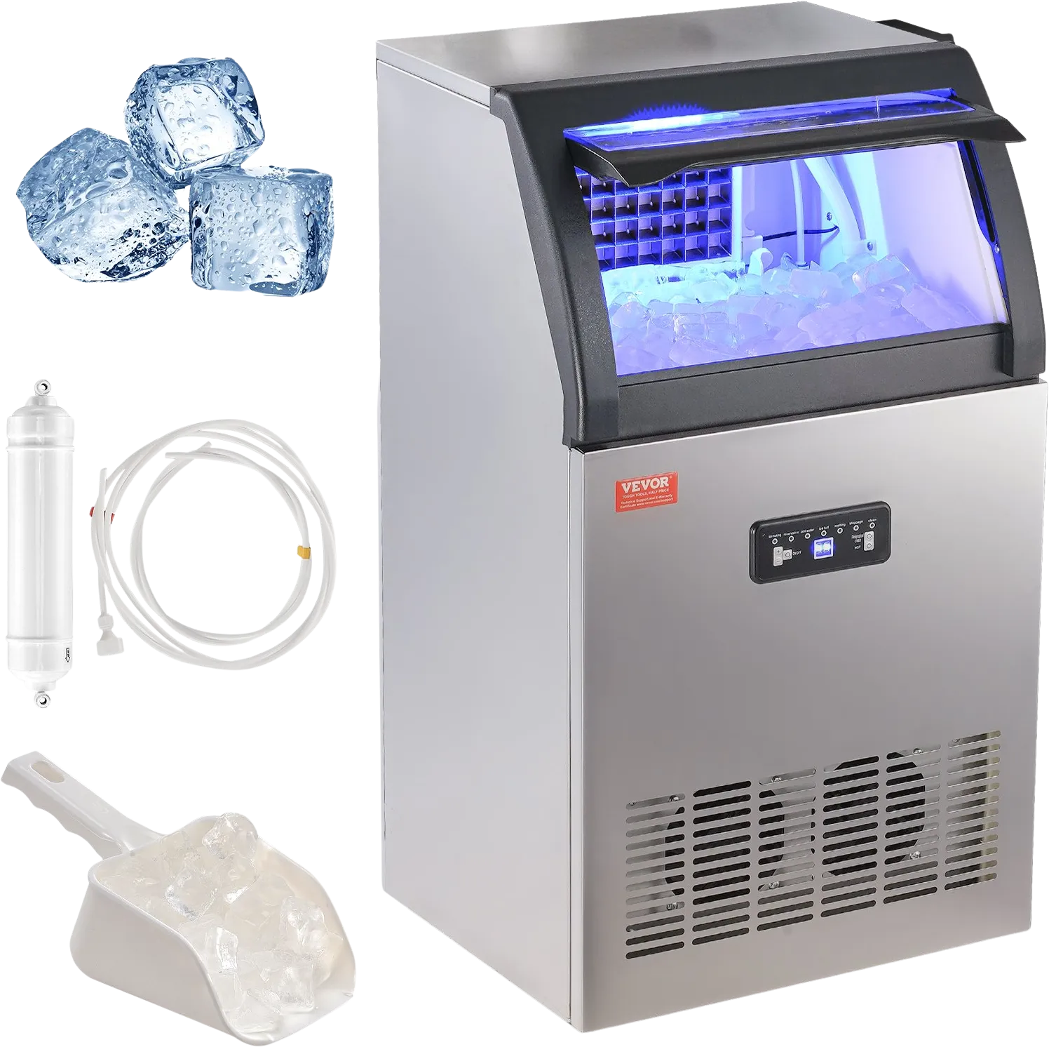 Vevor Commercial Ice Maker 130Lbs/24H with 33 Lbs Storage LED Digital Display Auto Cleaning New