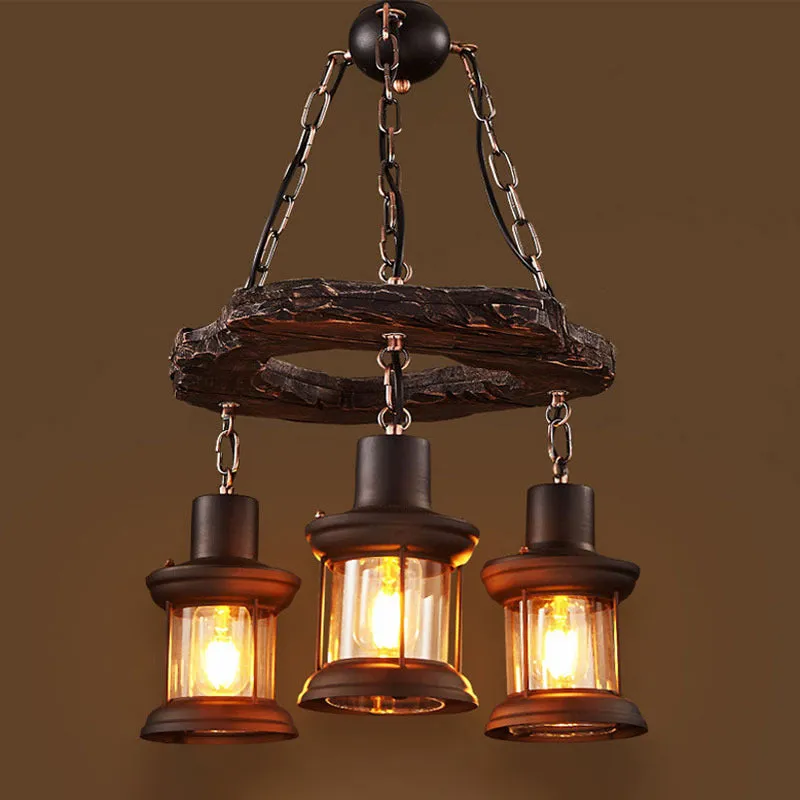 Vintage Distressed Wood Lantern Restaurant Chandelier with Clear Glass Suspension Light