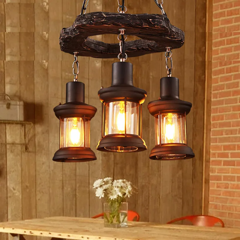 Vintage Distressed Wood Lantern Restaurant Chandelier with Clear Glass Suspension Light