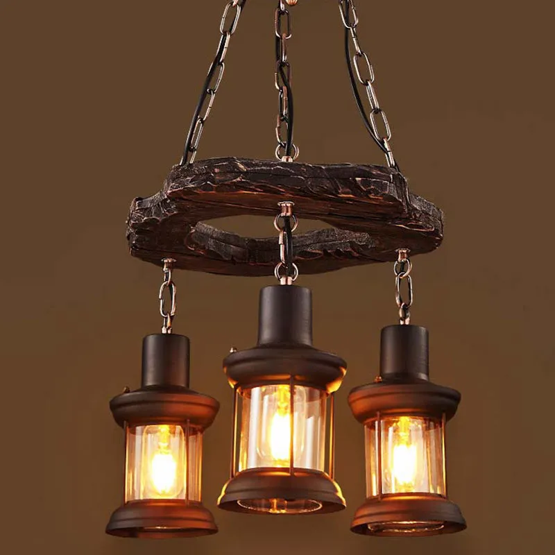 Vintage Distressed Wood Lantern Restaurant Chandelier with Clear Glass Suspension Light