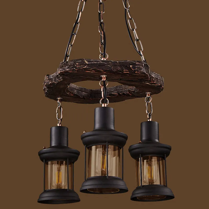 Vintage Distressed Wood Lantern Restaurant Chandelier with Clear Glass Suspension Light