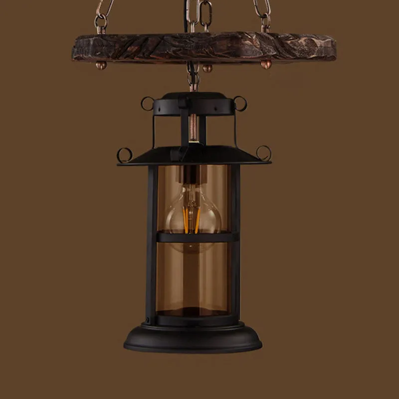 Vintage Distressed Wood Lantern Restaurant Chandelier with Clear Glass Suspension Light