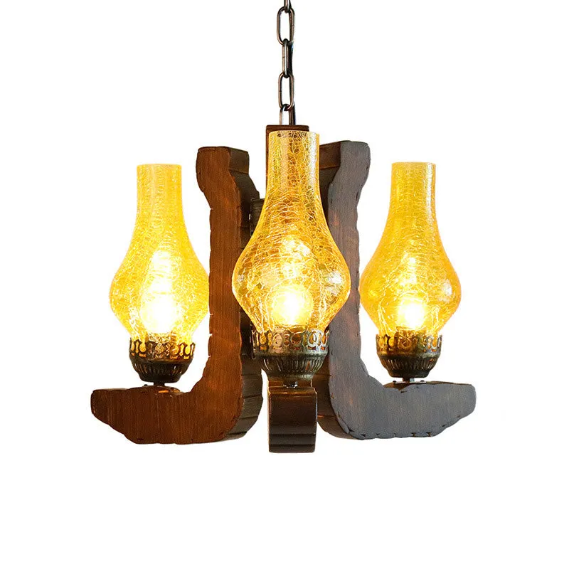 Vintage Yellow Vase 3-Light Crackle Glass Hanging Chandelier - Wood Pendant Light Fixture for Living Room