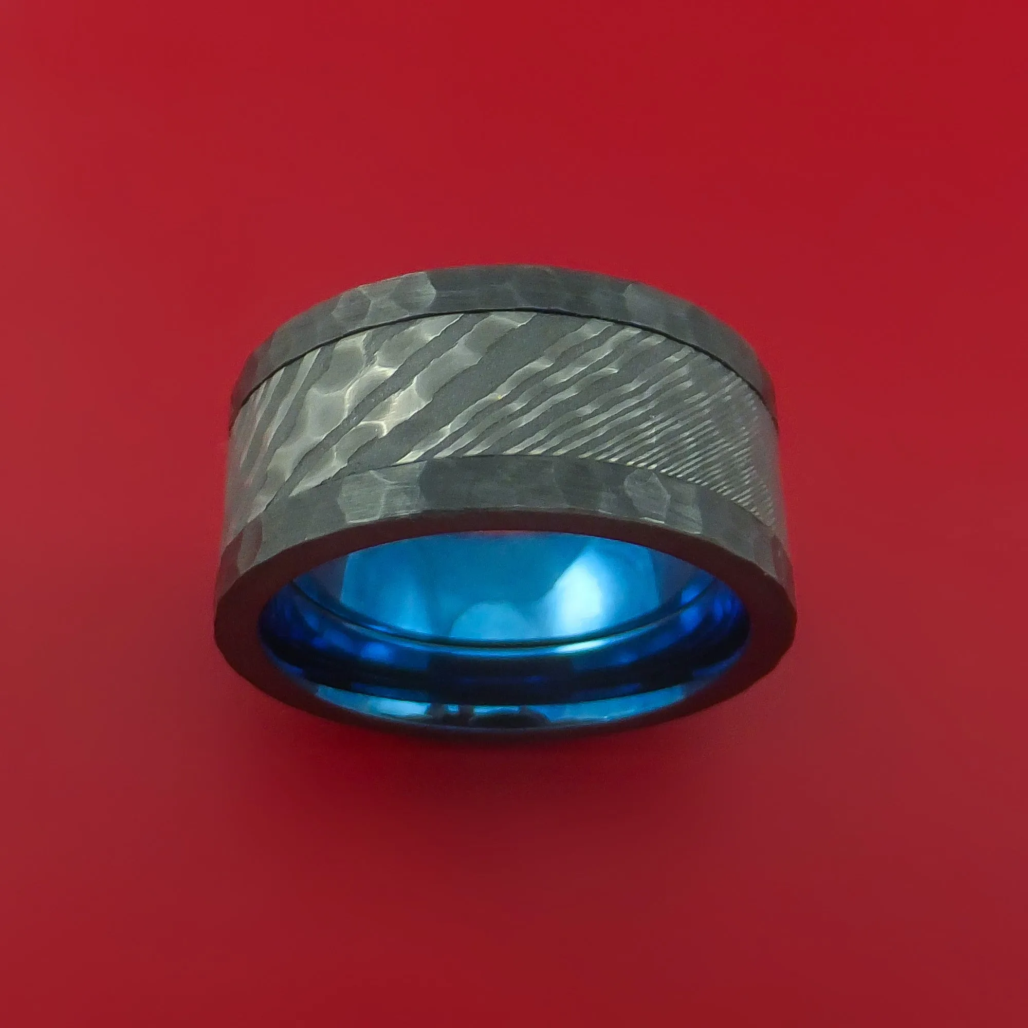 Wide Hammered Black Zirconium Ring with Damascus Steel Inlay and Interior Anodized Sleeve Custom Made Band