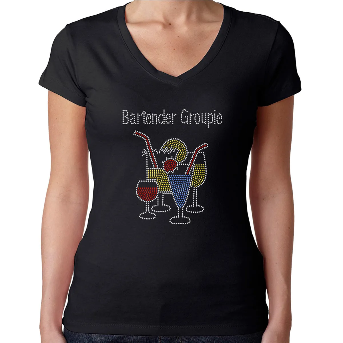 Womens T-Shirt Rhinestone Bling Black Fitted Tee Bartender Groupie Cocktail Glass