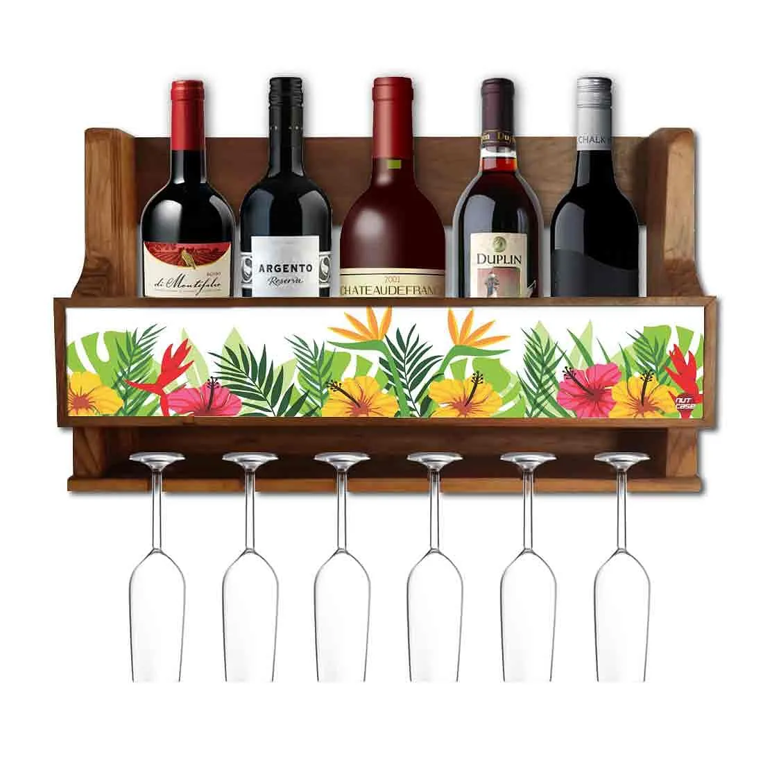 Wood Wall Mounted Wine Rack Glass Holder for Living Room - Stores 5 Bottles 6 Glasses - Floral