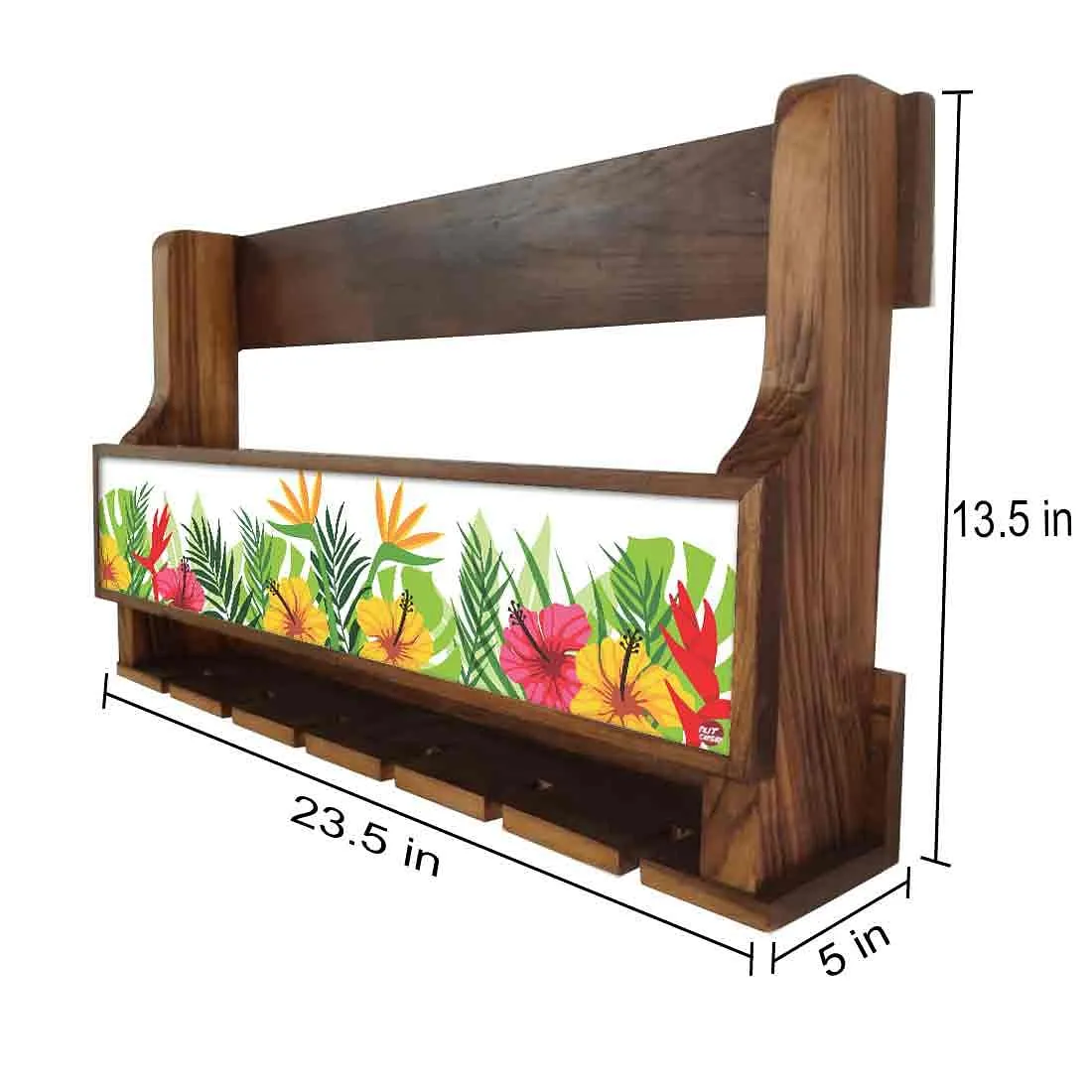 Wood Wall Mounted Wine Rack Glass Holder for Living Room - Stores 5 Bottles 6 Glasses - Floral