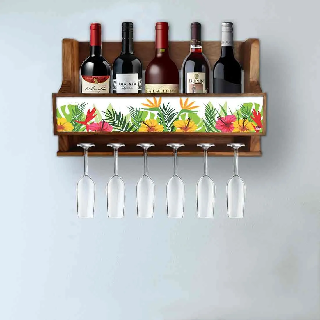 Wood Wall Mounted Wine Rack Glass Holder for Living Room - Stores 5 Bottles 6 Glasses - Floral