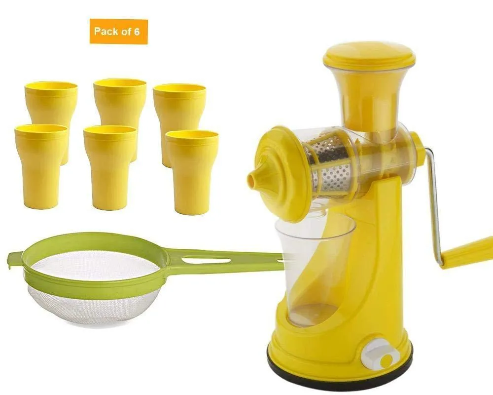 Your Brand Kitchen combo -Manual Fruit Juicer with Plastic Big Tea Strainer Sieve &  6pcs Plastic Juice Drinking Glasses