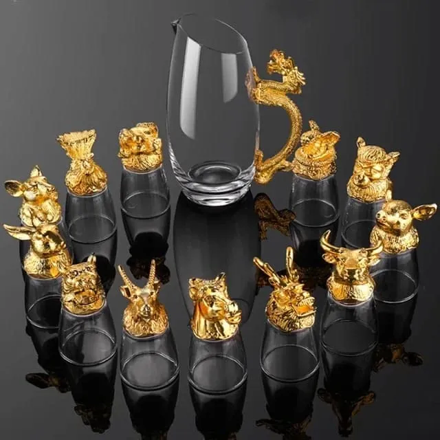 ZODIAC DECANTER(250ML) & 12 SHOOTER GLASS(25ML) SET WHISKEY & WINE DECANTER TUMBLER GIFT SET